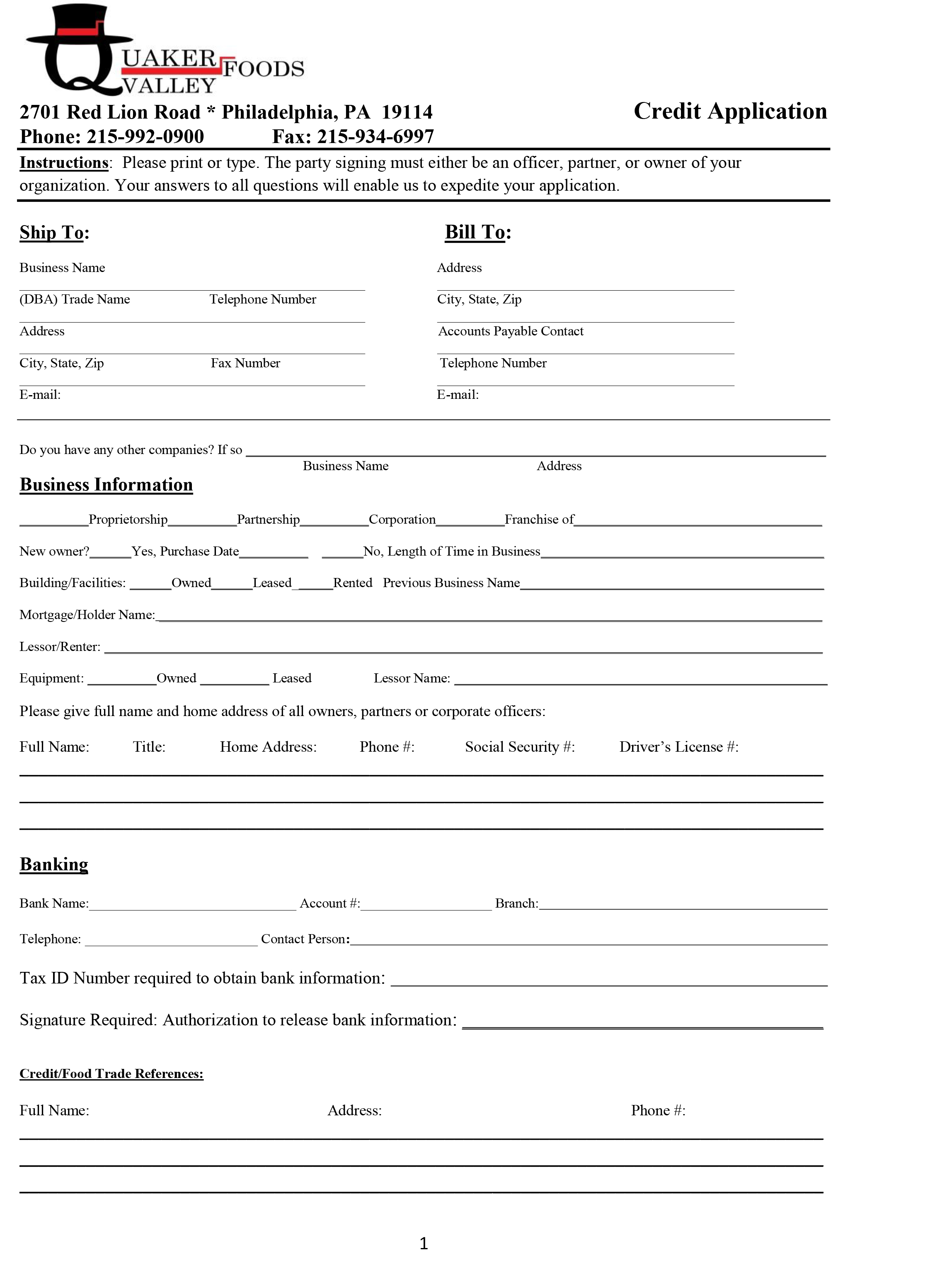 Quaker Valley Foods Credit Application